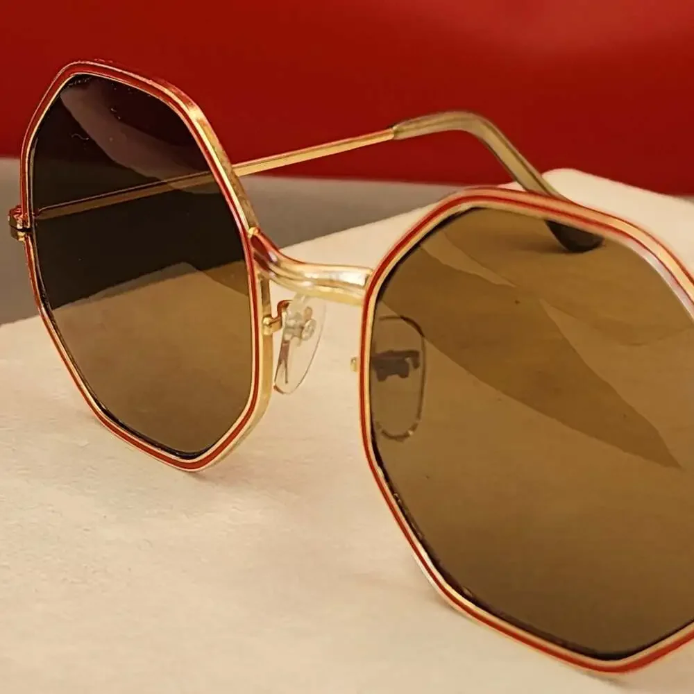 Vintage Octagon Gold Metal Frame Sunglasses with Red Trim and Brown Lenses